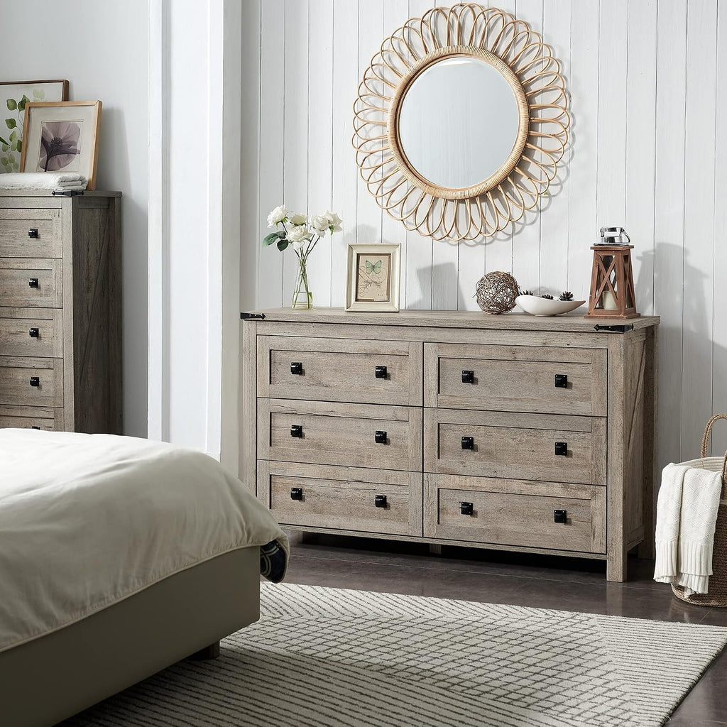 54" Wide Farmhouse 6-Drawer Dresser , Light Rustic Oak | Rustic, Wood Storage Cabinet, Metal Handle, Unique Corner