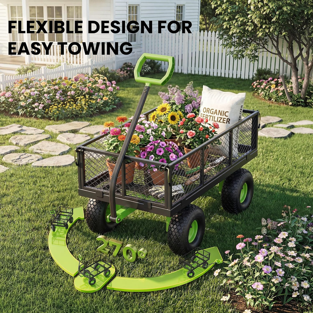 Steel Garden Cart 1000 Lbs Capacity with 10" All Terrain Tires | Heavy Duty Utility Wagon Cart on Wheels, Removable