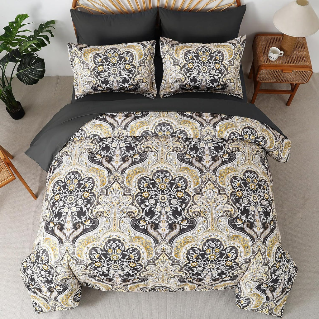 Drucon Boho Paisley Comforter Set Queen, 7 Pieces Bed in a Bag Black Gold Comforter Set
