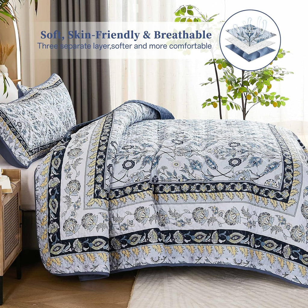 Quilt Sets, Navy Blue Floral Quilt Set 3 Pieces Boho Bedspread Coverlet Set with 2 Pillowcases Soft