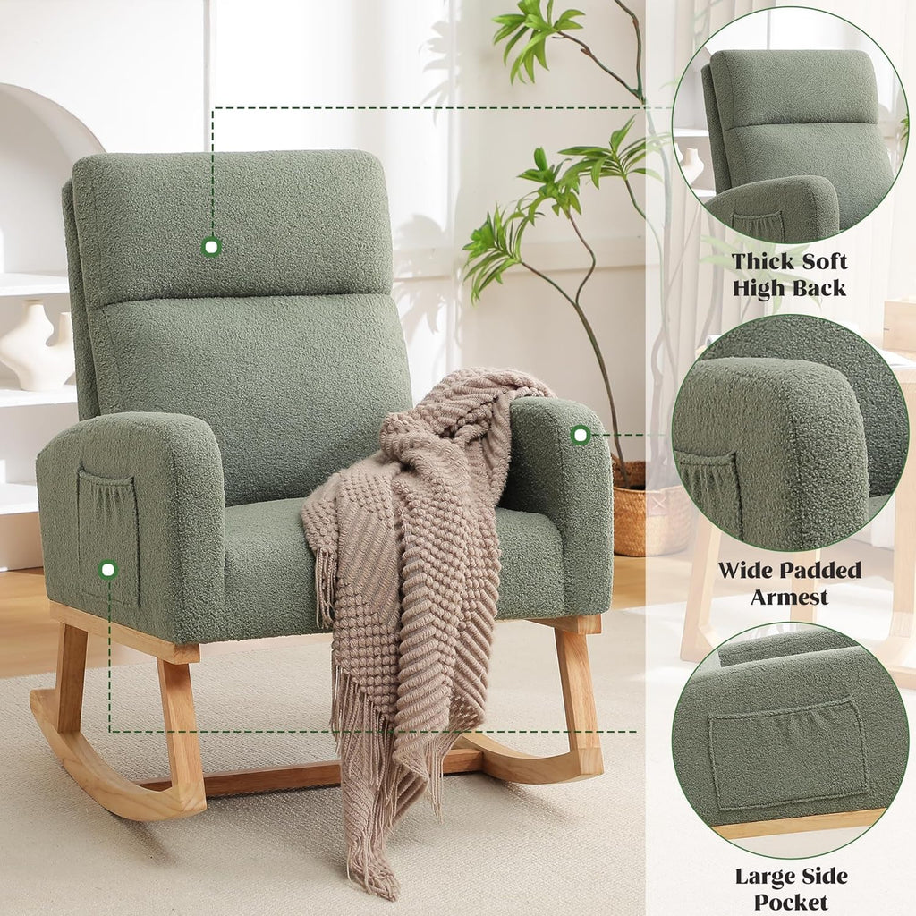 Rocking Chair Nursery, Boucle Teddy Nursing Rocking Chairs, Upholstered Nursery Glider Rocker for Mom Nursery Morden