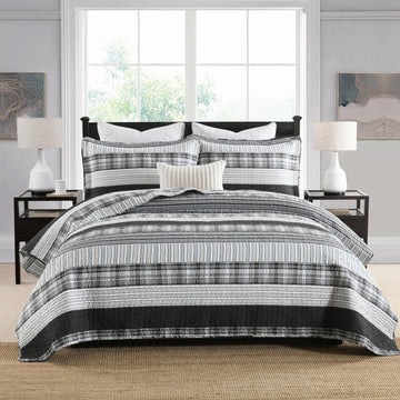 100% Cotton Quilt Set, 118'' x 106'' Oversized Bedspread Set with 2 Pillow Shams, Black Plaid Striped