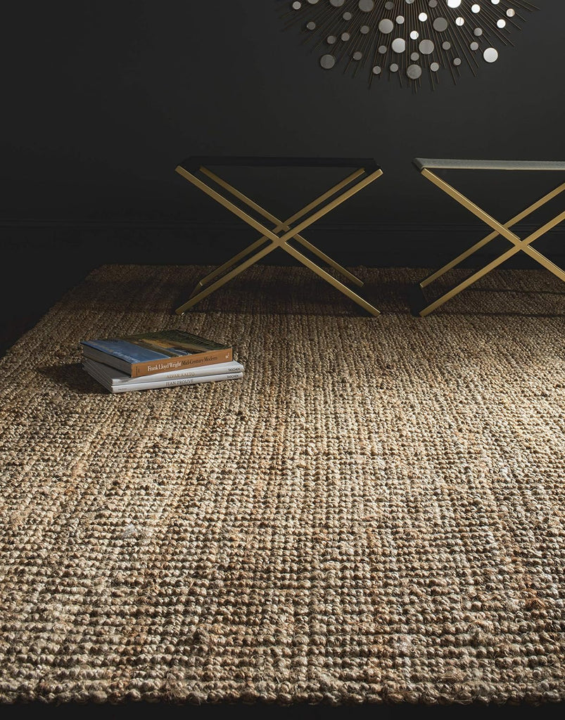 Area Rug 9x12 - Natural Fiber - Large - Natural Brown, Handmade Jute, Farmhouse Style, Chunky Textured Thick Pile