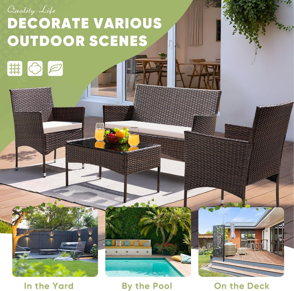 Patio Furniture 4 Pieces Conversation Sets Outdoor Wicker Rattan Chairs Garden Backyard Balcony Porch Poolside