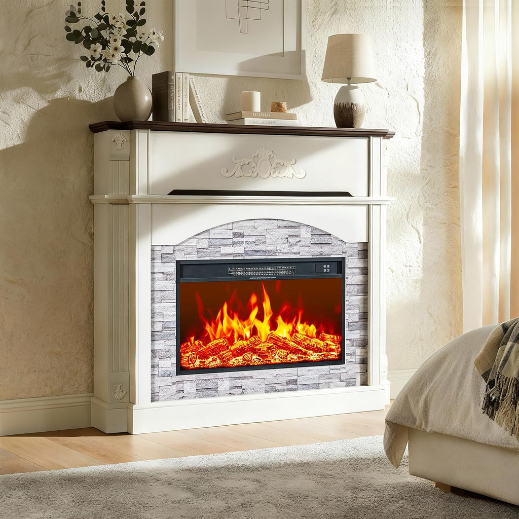 51" Electric Fireplace with Mantel, 45" Tall Carved Farmhouse Entertainment Center TV Stand with Storage Cubby and 30'' Freestanding Electric Fireplace for Living Room, White