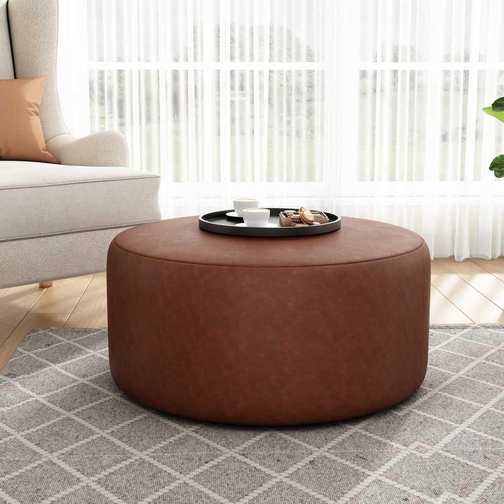 30.25" Modern Upholstered Round PU Leather Ottoman, Multifunctional Extra Seat, Side Table, Foot Rest, Stuffed Pouf