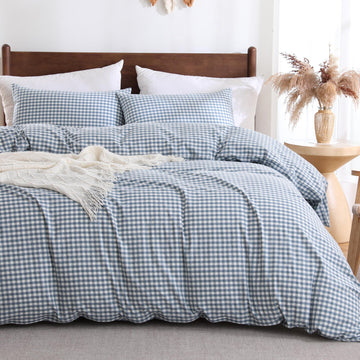 Cotton Pale Blue Gingham Duvet Cover Bedding Set Linen Like