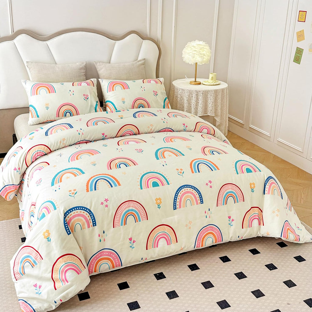 Lightweight Soft 3 Piece Rainbow Comforter Set with 2 Pillow Covers, Cartoon Love Hearts Flowers and Grass Bedding