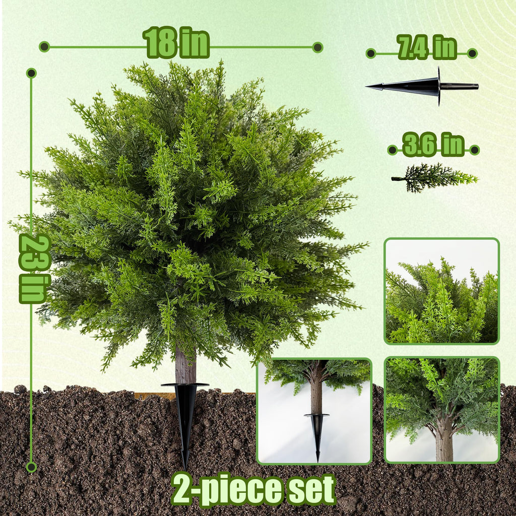Artificial Cedar Topiary Ball Tree with Ground Spike: 23 Inch 2 Pack