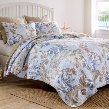 Home Tropics Palm Leaves Coastal Cotton Blend Quilt Set, 2-Piece /XL, Mist