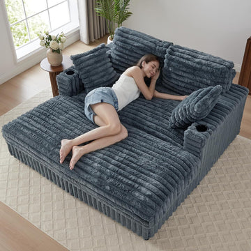 60.43'' Oversized Chaise Lounge Chair Indoor, Grey | Plush Faux Rabbit Fur, Sleeper Sofa Bed with 4 Pillows, Charging