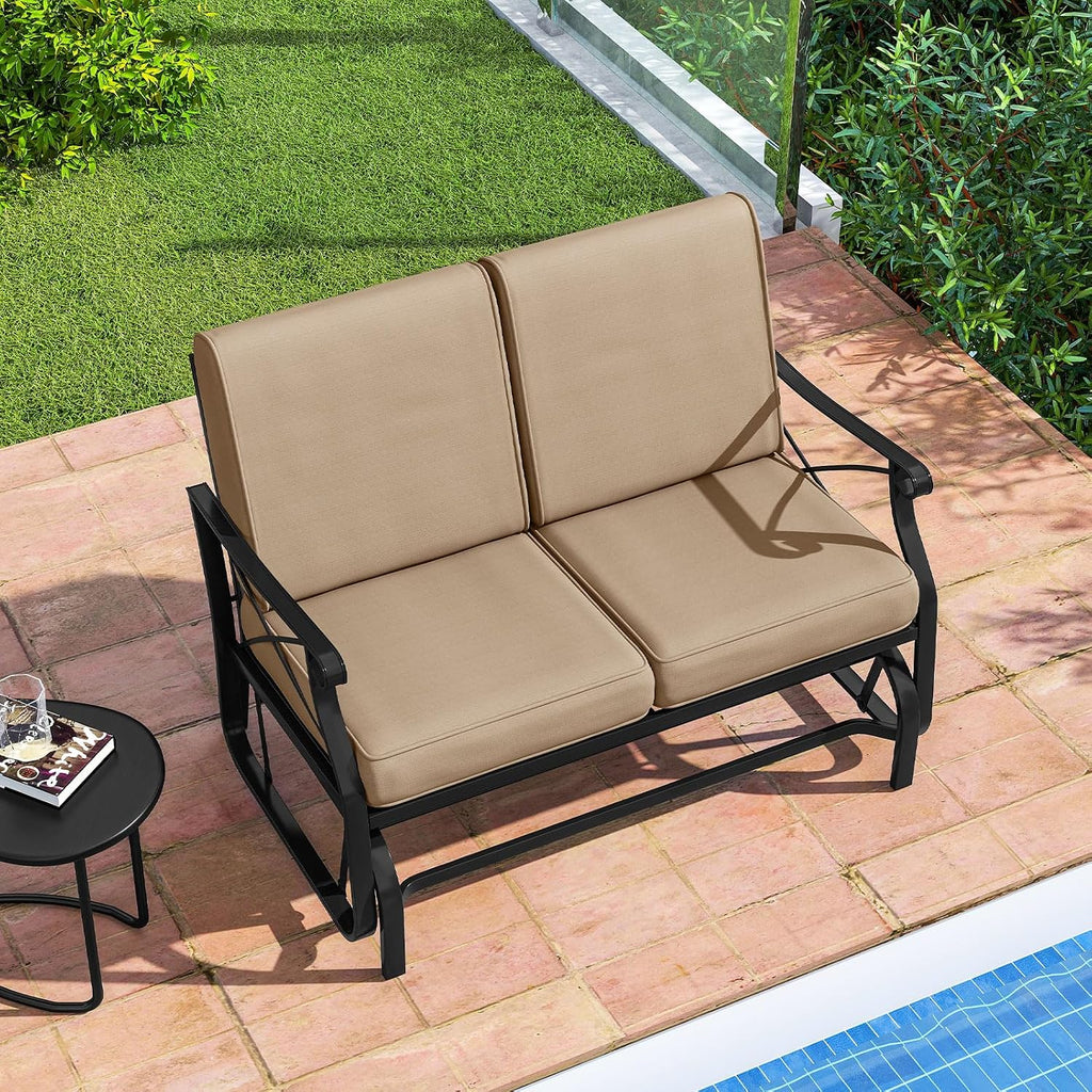 Patio Glider Bench, 2-Person Swing Gliding Loveseat with Breathable Fabric Seat & Soft Cushions, 660 LBS Metal Frame