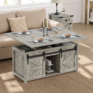 Lift Top Coffee Table with Storage, 4 in 1 Multi-Function Farmhouse Wood Coffee Table with Sliding Barn Doors, Center