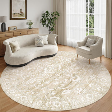 Washable Round Rug 8ft, Soft Circle Area Rug Beige