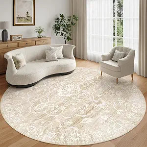 Washable Round Rug 8ft, Soft Circle Area Rug Beige
