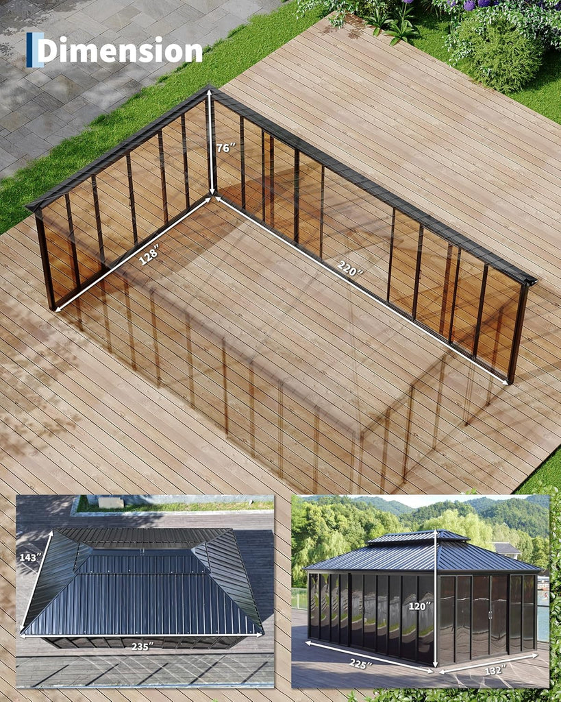 12x20 ft Sunroom Hardtop Gazebo, Enclosed Gazebo with Floor-to-Ceiling Sliding Doors
