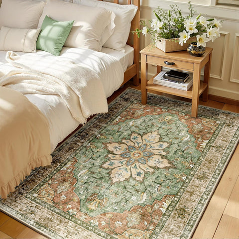 Area Rugs 3'x5' Washable Non-Slip, Floral Vintage Distress Medallion Carpet for Living Room Bedroom 