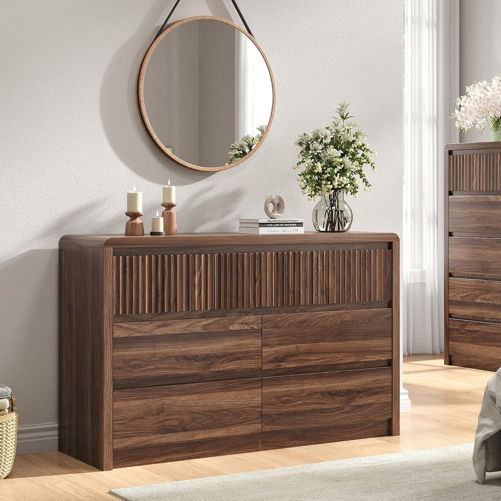 Fluted 7 Drawer Dresser , 50" Wide Dresser & Chest of Drawers with Curved Profile Design, Wood Mid Century Dressers