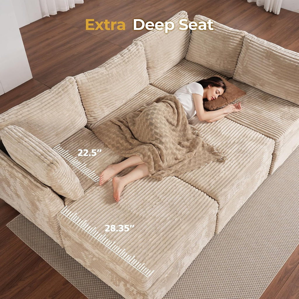 Modular Sectional Sofa,5 Pieces Sectional Couches ,98X98 L Shaped Cloud Couch Set Deep Seat(Beige Velvet Corduroy)