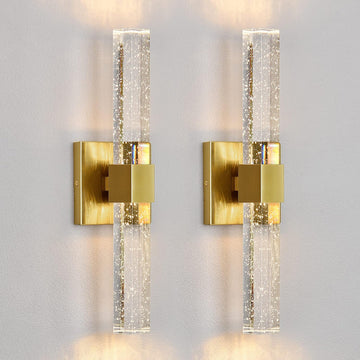 Gold Wall Sconces Set of Two - Bathroom Sconces Wall Lighting 14W Dimmable LED Crystal Wall Light with Bubble Glass