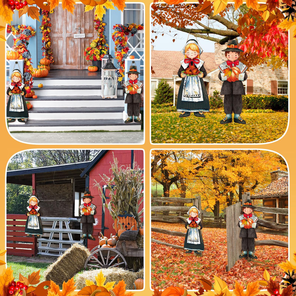 2 Pcs Fall Thanksgiving Pilgrim Boy and Girl Hanging Sign