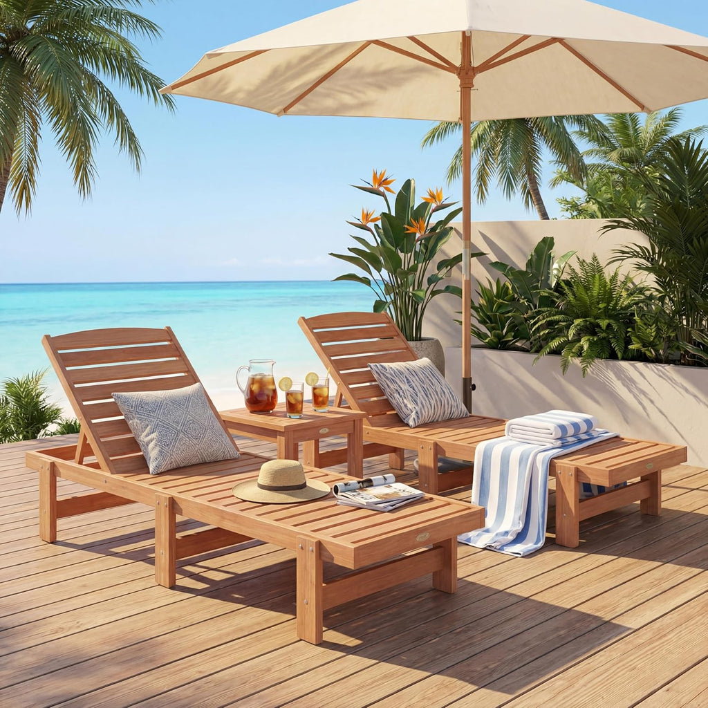 Solid Wood Chaise Lounge, Outdoor Lounge Chair Teak Oil Finished | 5-Position Adjustable Backrest, Wooden Patio