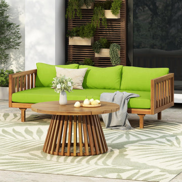 Outdoor Acacia Wood Conversation Set, 3-Seat Loveseat Sofa w/Coushion and Round Coffee Table for Backyard, Patio