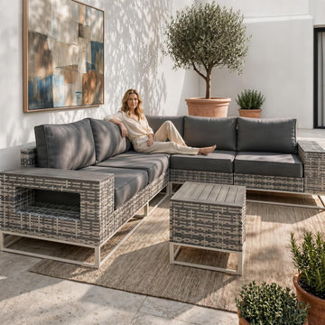 6-Piece Outdoor Patio Furniture Set, Modern PE Wicker Outdoor Sectional Sofa with Storage Armrests & 5.5" Thick