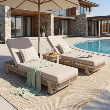 Outdoor Chaise Lounge Set of 2, Patio Outside Reclining Chairs | Metal & Rope Frame, 5-Position Adjustable Backrest