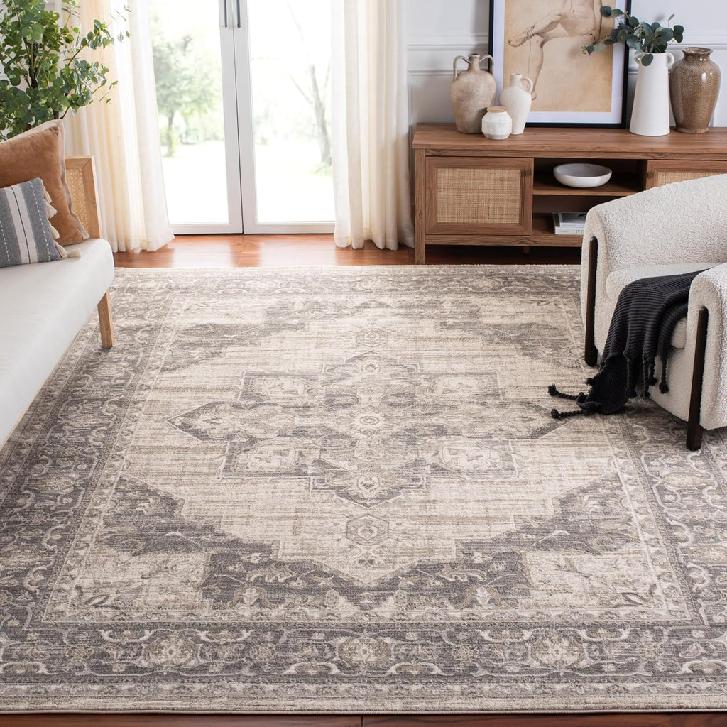 Area Rug 12x15 - Brentwood - Large - Cream & Grey, Medallion Distressed Design, Non-Shedding & Easy to Clean