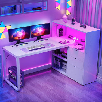 L Shaped Desk with Drawers, 55" Corner Computer Desk with Bookshelf & Power Outlets & LED Lights