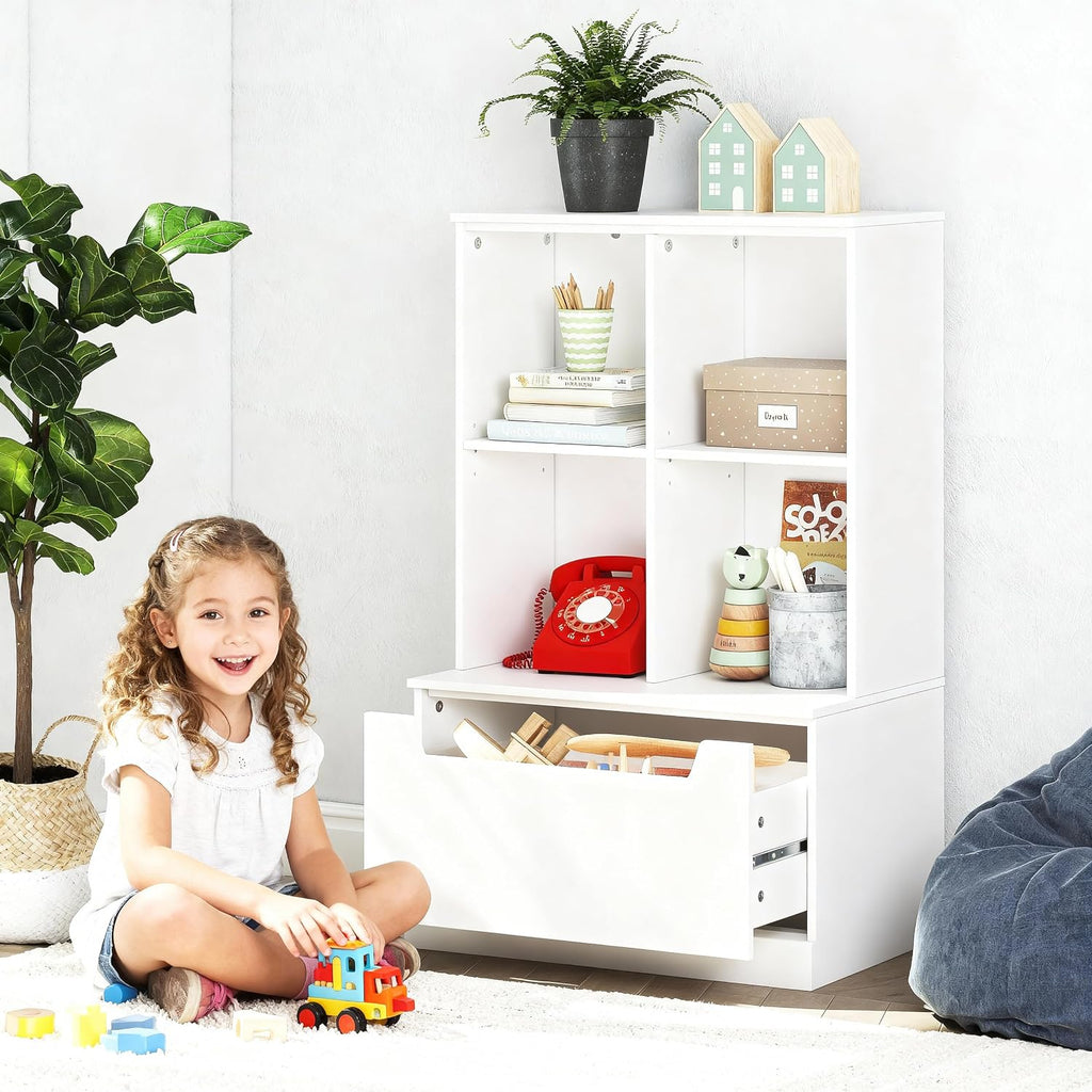 Kids Bookshelf and Toy Storage Organizer, Toddler Bookcase with Cubby | Adjustable Wood Shelf, Full-Width Drawer
