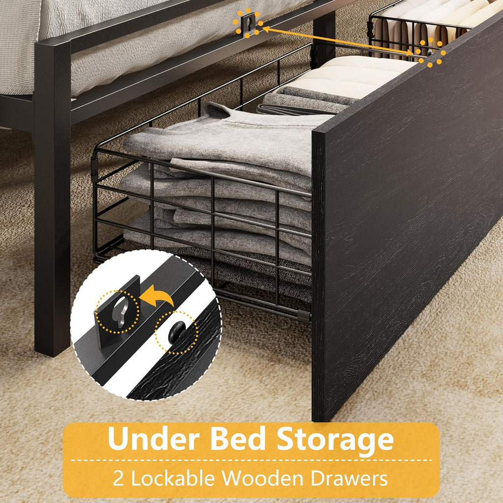 Full Bed Frame with Wood Headboard, Metal Platform Bed Frame Full with 2 Storage Drawers and Shelf