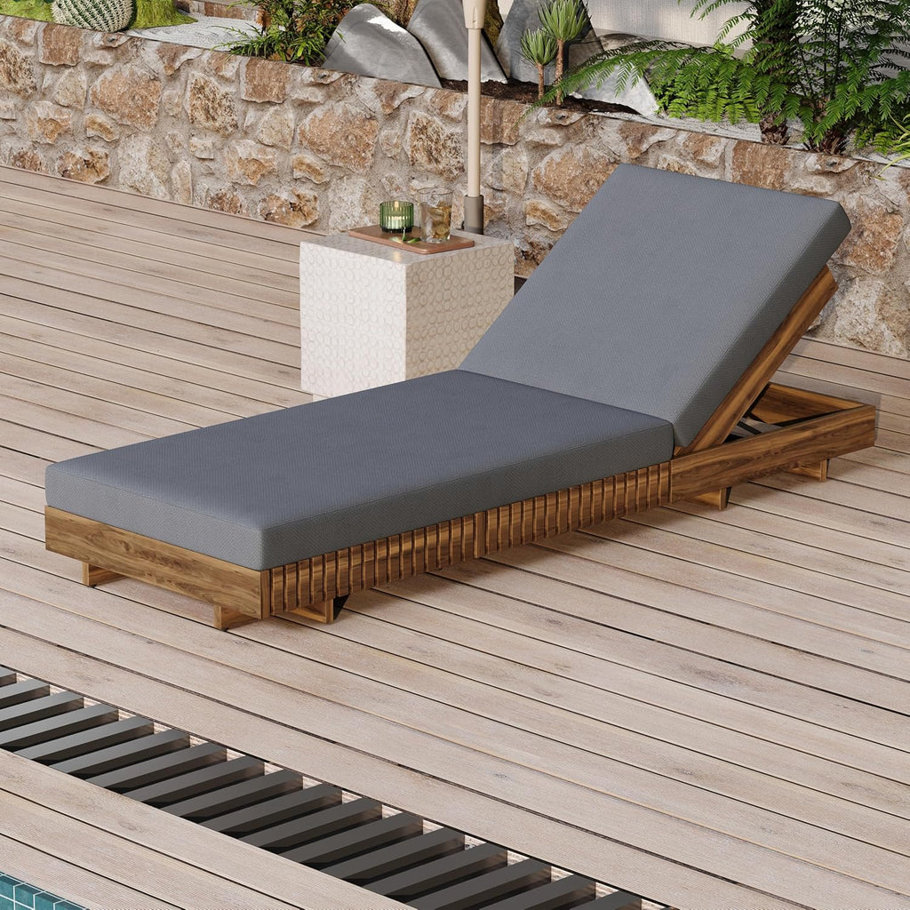 Outdoor Chaise Lounge Chair, Patio Lounge Chair, Solid Acacia Wood Pool Lounger, 6-Position Adjustable Backrest