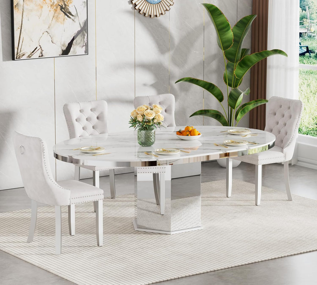 Modern 47"-63" Round White Faux Marble Extendable Dining Table for 4-6, Luxury Round Dining Room Table, Kitchen