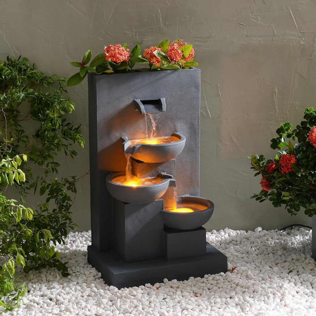29.13" 3-Tier Cascading Outdoor Water Fountain with Planter, LED Lights Living Spaces, Matte Gray
