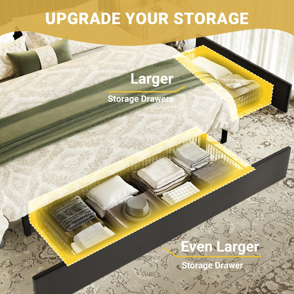 King Upholstered Platform Bed Frame with 3 Spacious Storage Drawers, Built-in LED Lights & Charging Station, Vertical