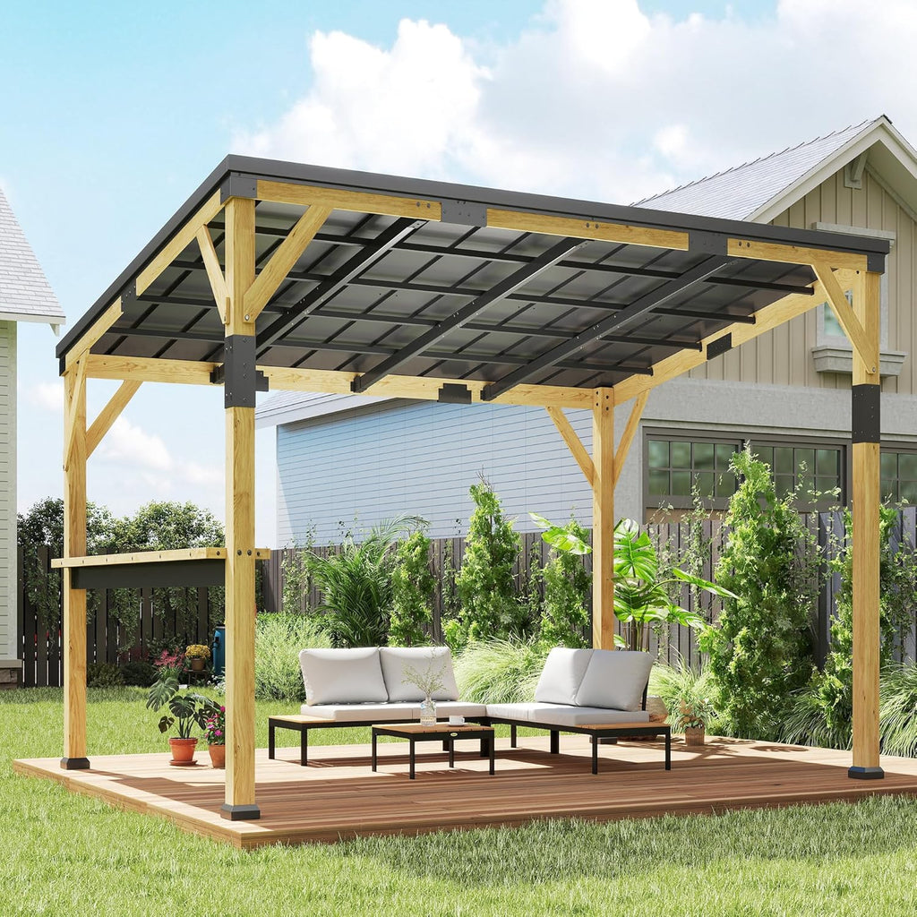 10' x 14' Wooden Gazebo with Galvanized Steel Sloped Roof, Hardtop Lean-to Gazebo Pergola with Bar Shelf