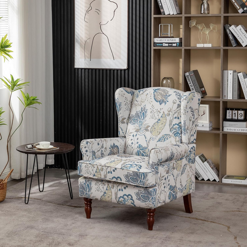 Modern Wingback Accent Chair with Solid Wood Legs and Cushion, Comfy Upholstered Floral Pattern Armchair, Retro