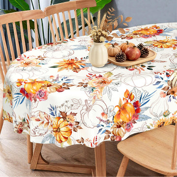 Waterproof Tablecloth Fall Tablecloth, Autumn Oval Watercolor Floral Pumpkin Tablecloth Oval 60 x 84, Wrinkle