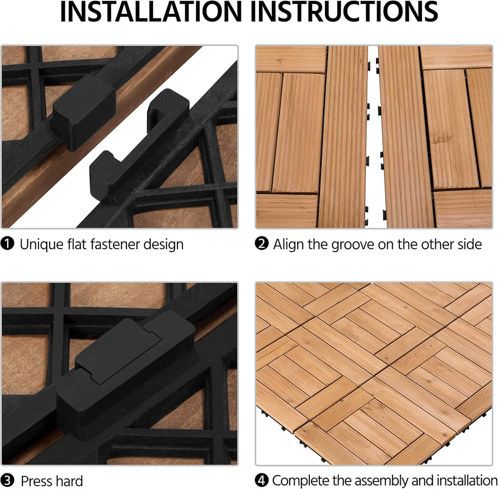 27PCS Patio Deck Tiles Interlocking Wood Decking Floor Tiles 12 x 12in Natural Wood for Outdoor & Indoor Patio Garden