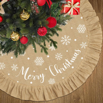 48 Inch Burlap Christmas Tree Skirt Merry Christmas Rustic Tree Skirt with Ruffle Border Xmas White Snowflake Linen