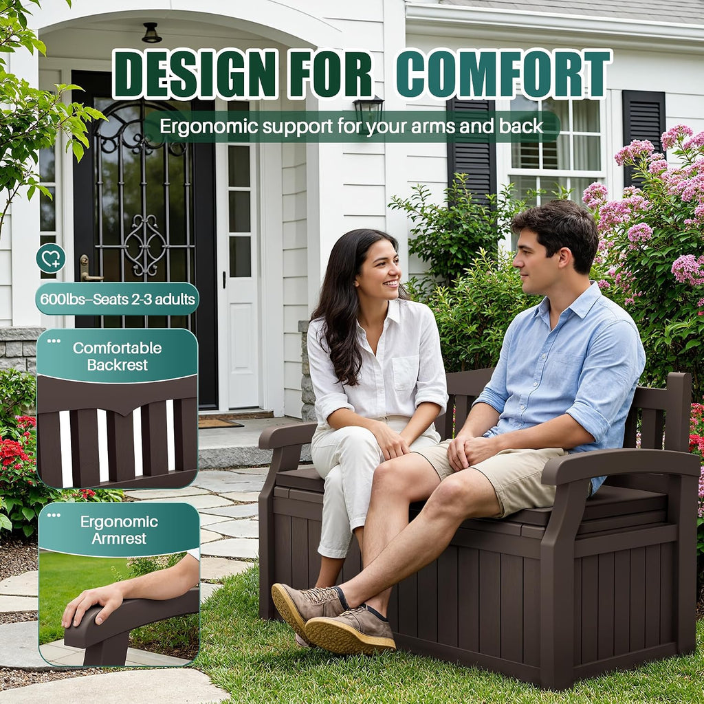80 Gallon Storage Bench with Cushion, Deck Box Waterproof&Lockable | Outdoor Benches Furniture, Garden Decor and