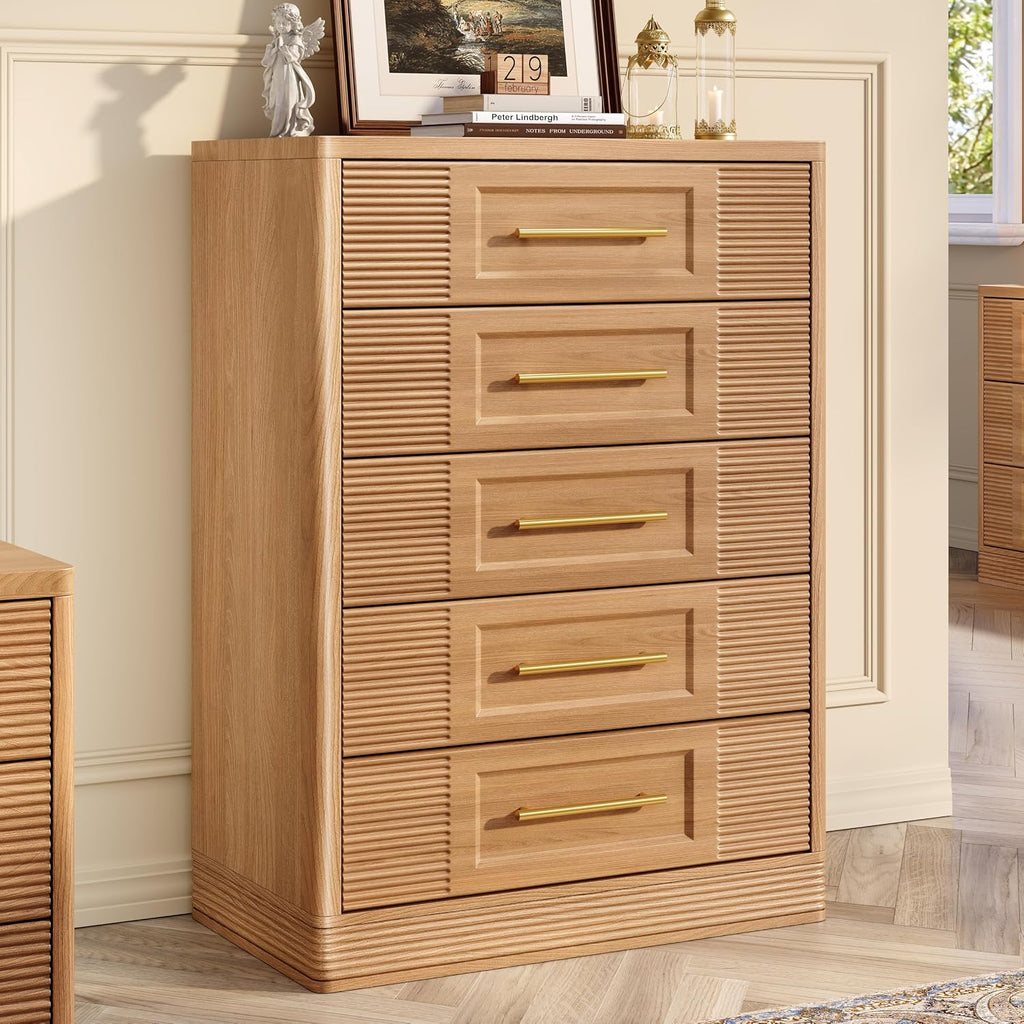 Farmhouse 5 Drawers Dresser , 44" Tall Modern Chest of Drawers, Wooden Curved Dresser Organizer , Natural Oak