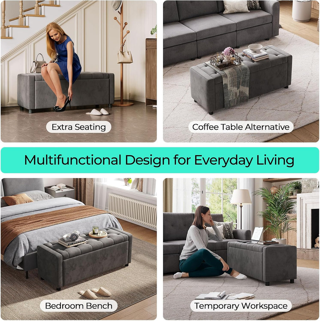 49" Velvet Ottoman with Storage, Upholstered End of Bed Storage Bench, Large Ottoman Foot Rest , Dark Grey
