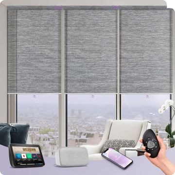 Motorized Natural Woven Roller Shades Half-Shading Compatible with Alexa Google Rechargeable Cordless Remote Control