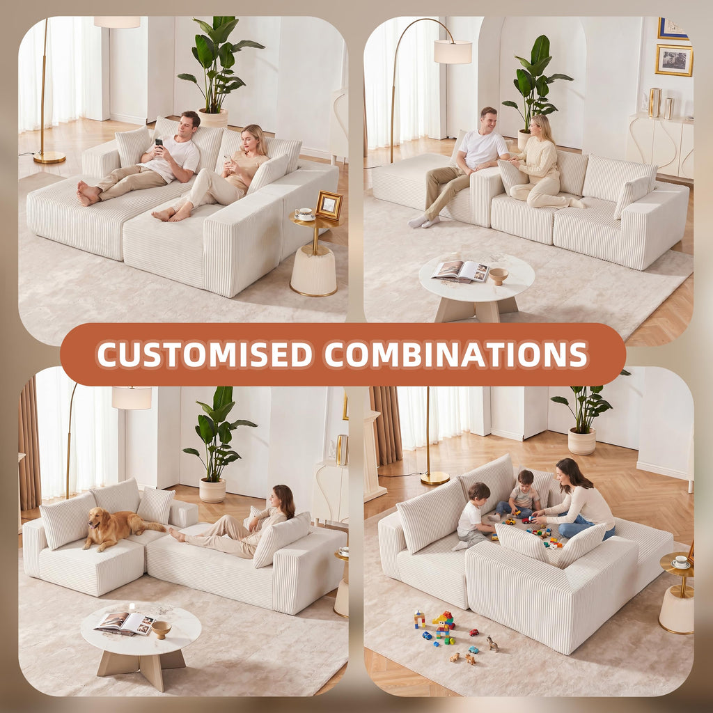 108" Boneless Couch with Chaise, Cloud Sectional Modular Sofa, Beige