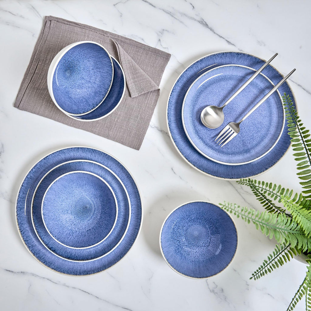 12-Piece Stoneware Dinnerware Set for 4, Light Blue Reactive Glaze on White Plates and Bowls Sets, Kitchen Ceramic