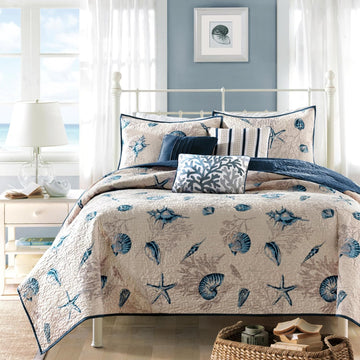 Quilt Set Cottage Coastal Design, Starfish Print - All Season, Coverlet Bedspread Lightweight Bedding Layer, Shams