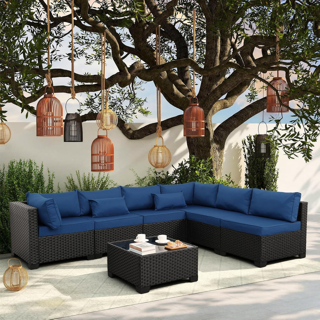 7 Pieces Outdoor Wicker Furniture Conversation Set Patio Sectional Sofa Set Glass Table with Non-Slip Cushions